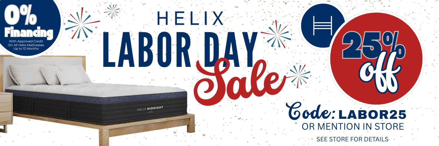 Promotional banner for Helix Labor Day Sale with mattress and discount details.